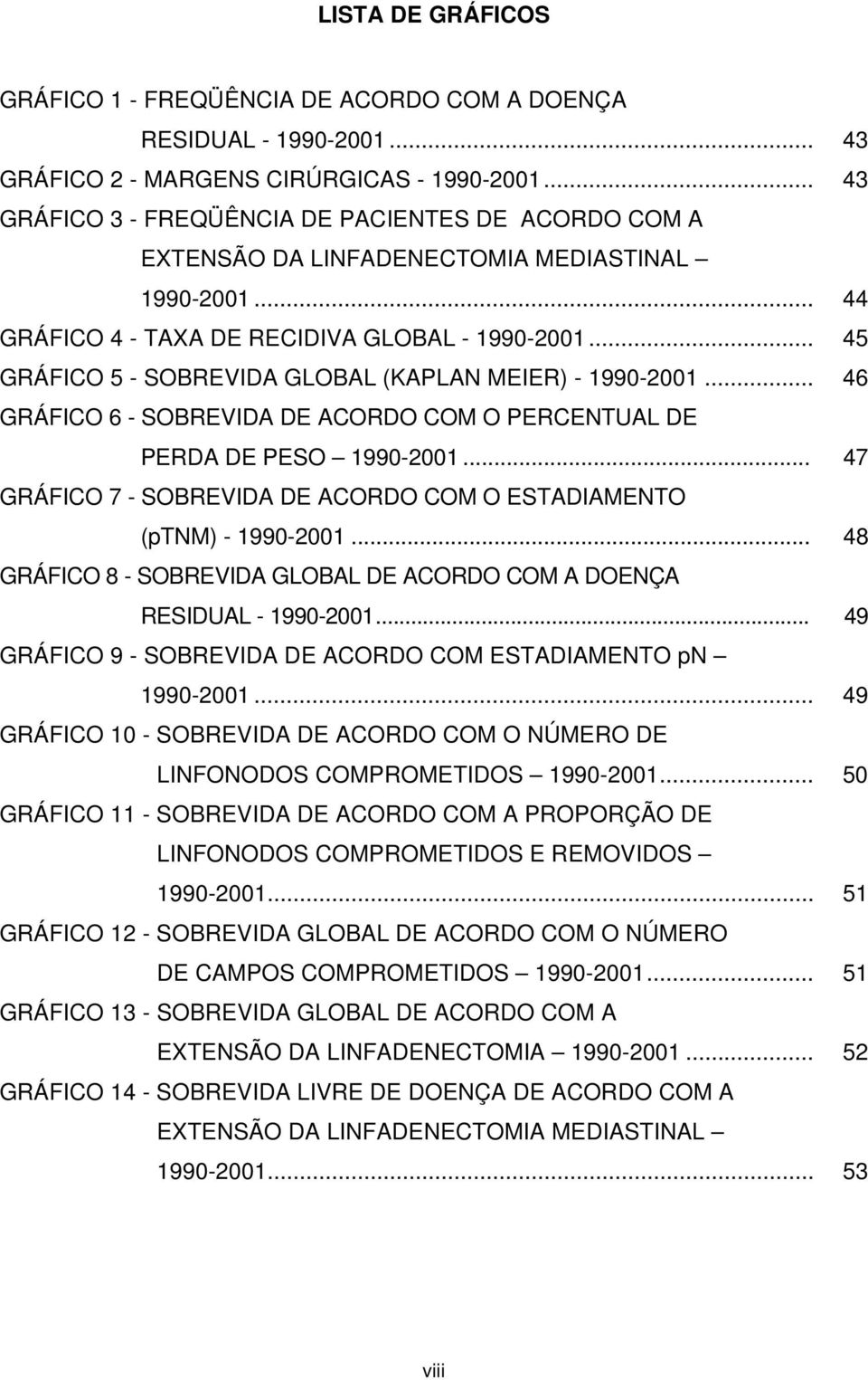 .. 45 GRÁFICO 5 - SOBREVIDA GLOBAL (KAPLAN MEIER) - 1990-2001... 46 GRÁFICO 6 - SOBREVIDA DE ACORDO COM O PERCENTUAL DE PERDA DE PESO 1990-2001.