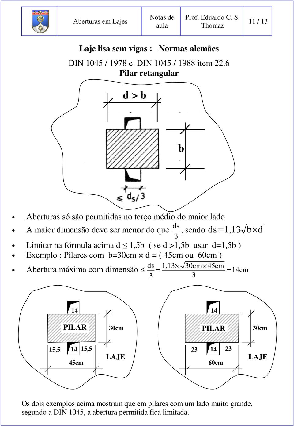 Limitar na fórmula acima d 1,5b ( se d >1,5b usar d=1,5b ) Exemplo : Pilares com b=30cm d = ( 45cm ou 60cm ) ds 1,13 30cm 45cm Abertura máxima com