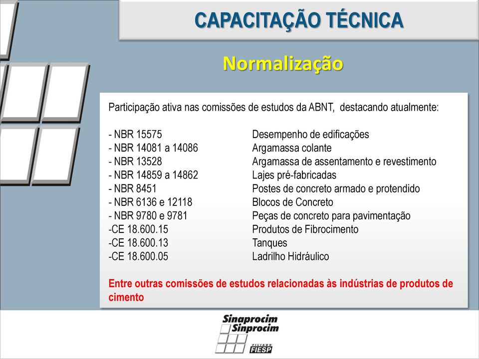 de concreto armado e protendido - NBR 6136 e 12118 Blocos de Concreto - NBR 9780 e 9781 Peças de concreto para pavimentação -CE 18.600.