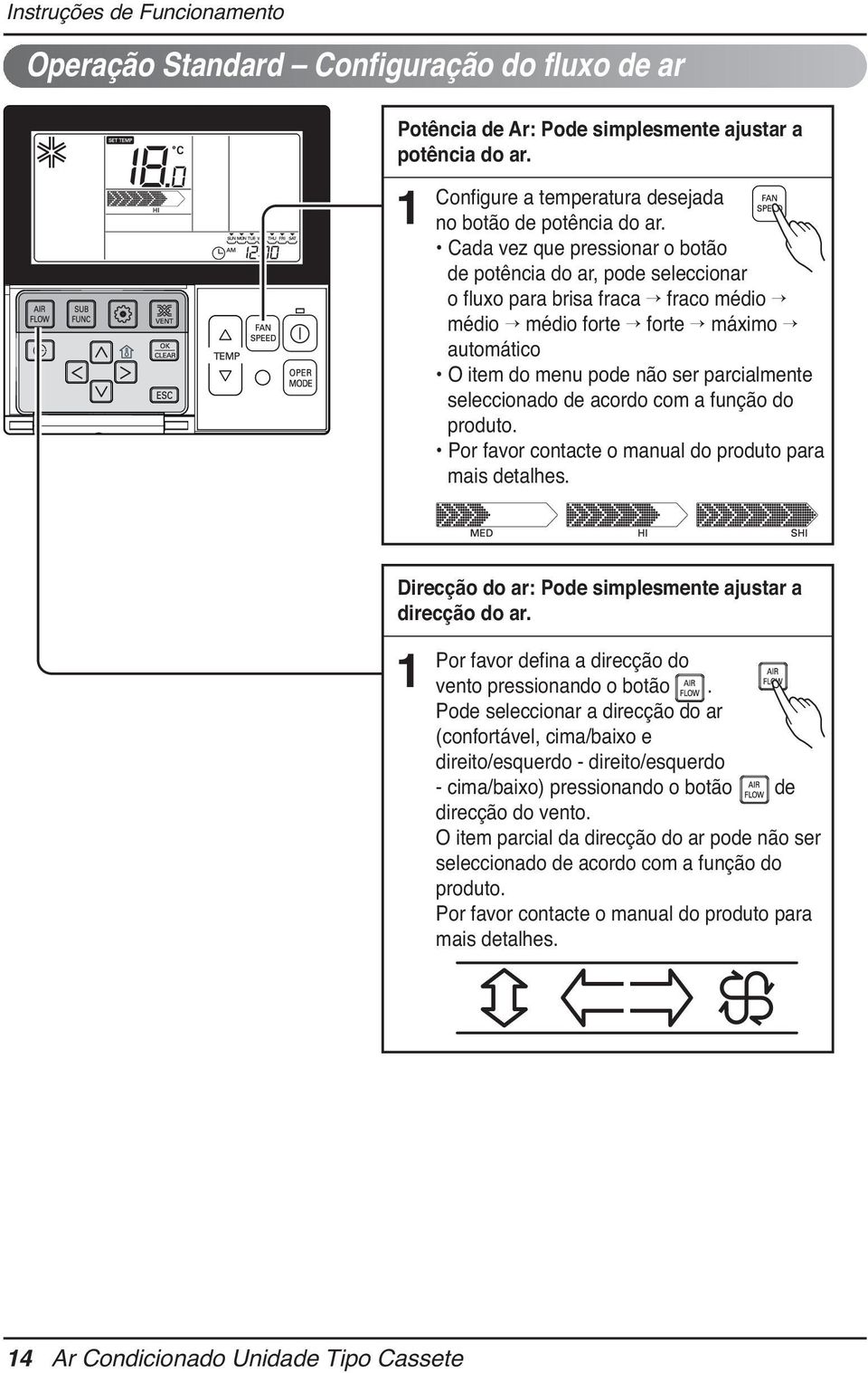 seleccionado de acordo com a função do produto. Por favor contacte o manual do produto para mais detalhes. Direcção do ar: Pode simplesmente ajustar a direcção do ar.