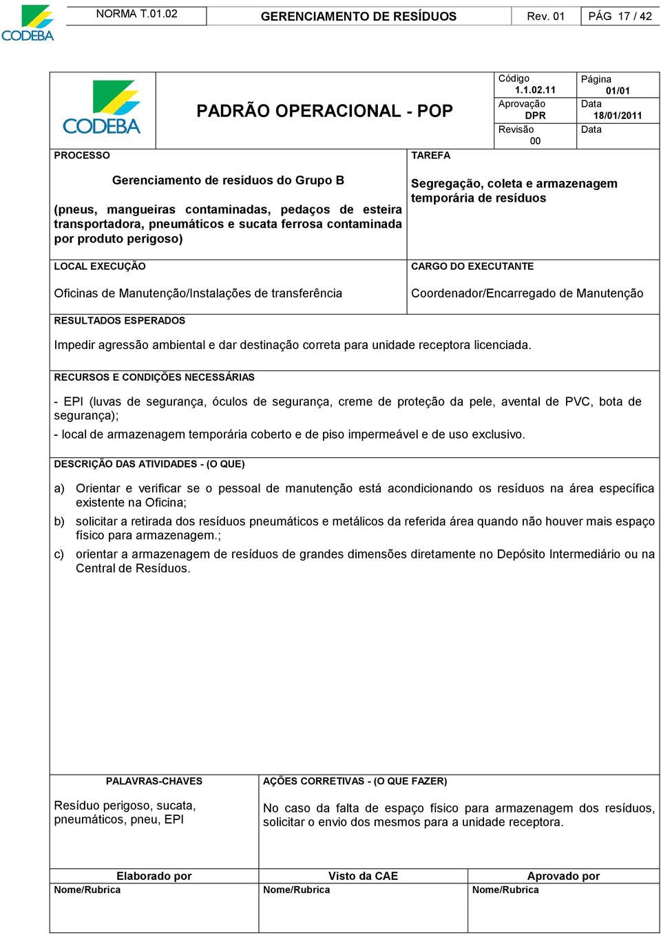 11 Aprovação DPR Revisão 00 Página 01/01 18/01/2011 Gerenciamento de resíduos do Grupo B (pneus, mangueiras contaminadas, pedaços de esteira transportadora, pneumáticos e sucata ferrosa contaminada