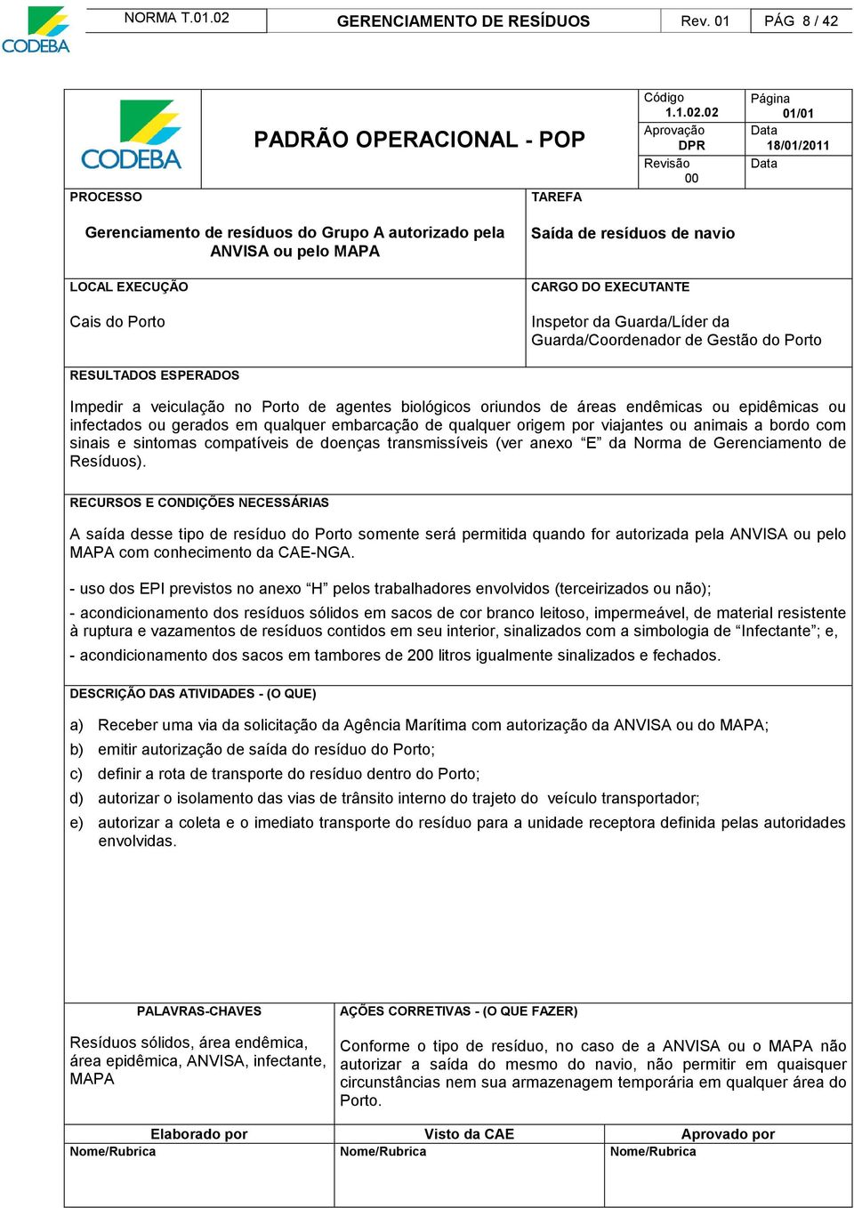 02 Aprovação DPR Revisão 00 Página 01/01 18/01/2011 Gerenciamento de resíduos do Grupo A autorizado pela ANVISA ou pelo MAPA LOCAL EXECUÇÃO Cais do Porto Saída de resíduos de navio CARGO DO