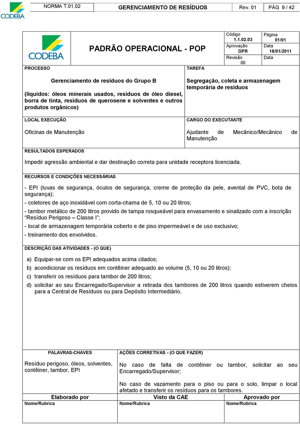 03 Aprovação DPR Revisão 00 Página 01/01 18/01/2011 Gerenciamento de resíduos do Grupo B (líquidos: óleos minerais usados, resíduos de óleo diesel, borra de tinta, resíduos de querosene e solventes e