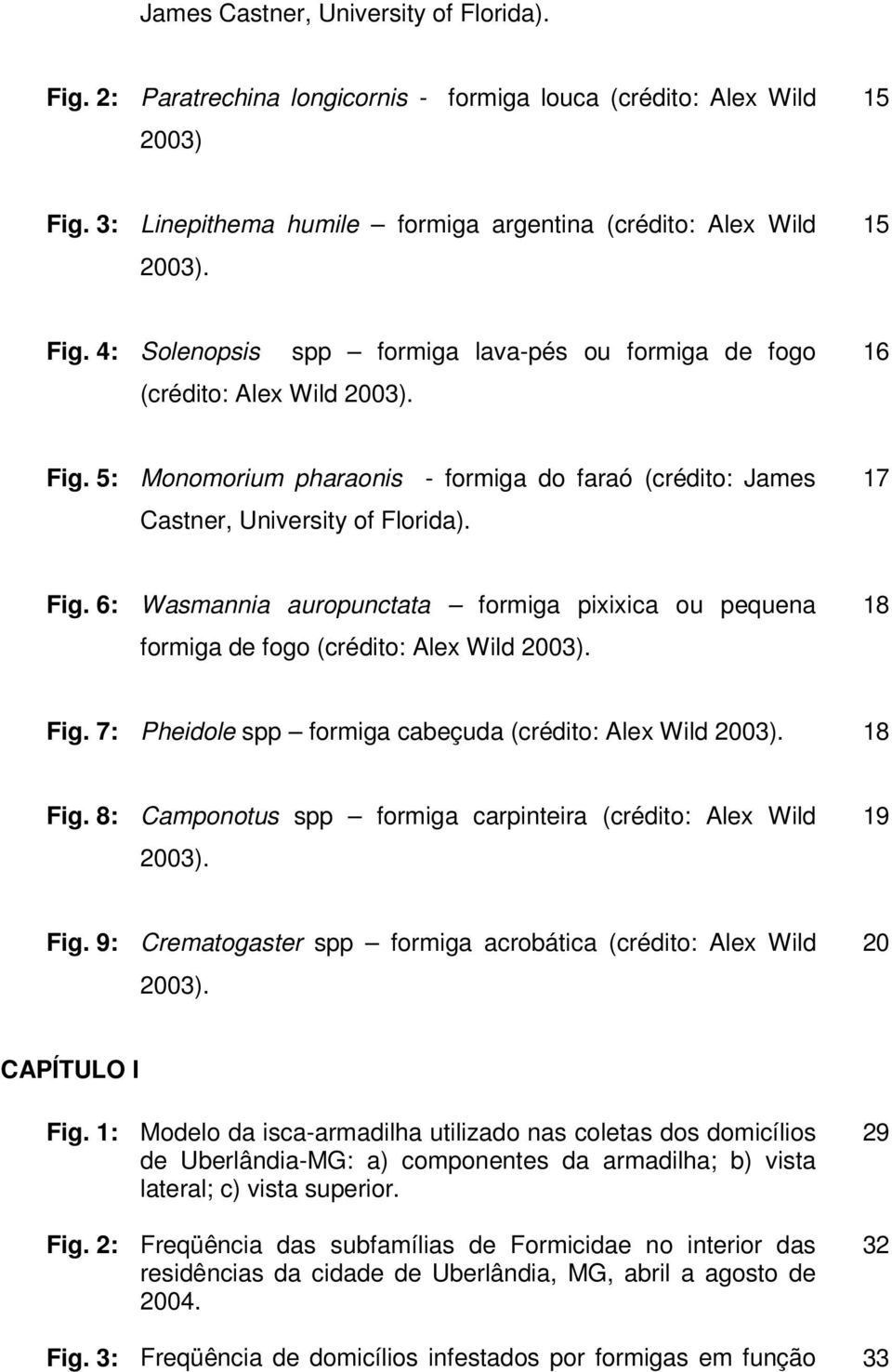 6: Wasmannia auropunctata formiga pixixica ou pequena formiga de fogo (crédito: Alex Wild 2003). 18 Fig. 7: Pheidole spp formiga cabeçuda (crédito: Alex Wild 2003). 18 Fig. 8: Camponotus spp formiga carpinteira (crédito: Alex Wild 2003).