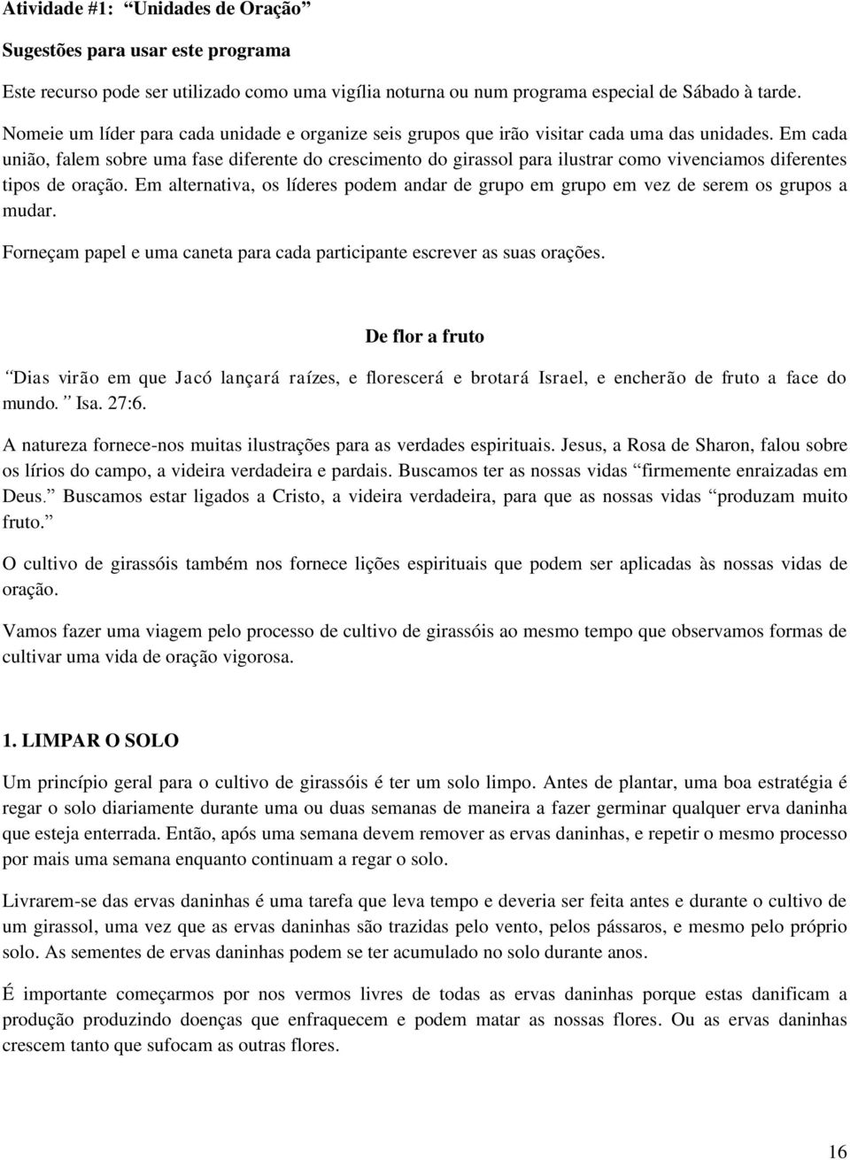 Em cada união, falem sobre uma fase diferente do crescimento do girassol para ilustrar como vivenciamos diferentes tipos de oração.