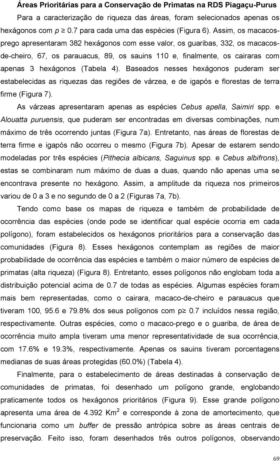 Assim, os macacosprego apresentaram 382 hexágonos com esse valor, os guaribas, 332, os macacosde-cheiro, 67, os parauacus, 89, os sauins 110 e, finalmente, os cairaras com apenas 3 hexágonos (Tabela