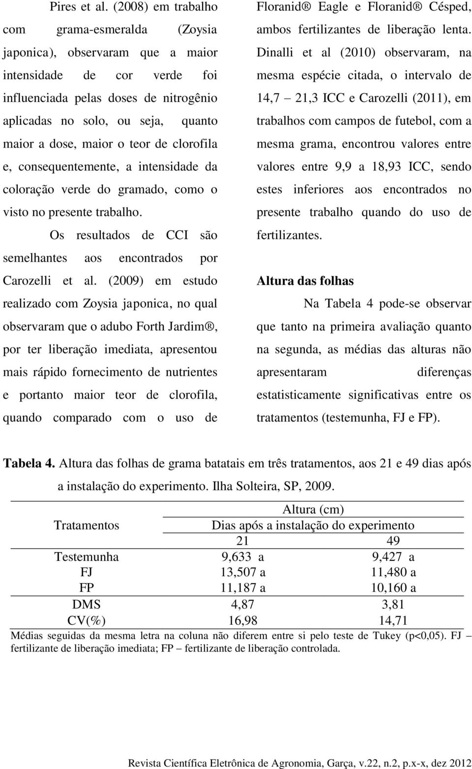 maior o teor de clorofila e, consequentemente, a intensidade da coloração verde do gramado, como o visto no presente trabalho. Os resultados de CCI são semelhantes aos encontrados por Carozelli et al.