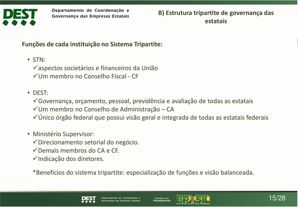 Administração CA Único órgão federal que possui visão geral e integrada de todas as estatais federais Ministério Supervisor: Direcionamento