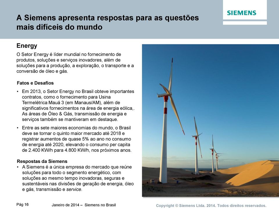 Fatos e Desafios Em 2013, o Setor Energy no Brasil obteve importantes contratos, como o fornecimento para Usina Termelétrica Mauá 3 (em Manaus/AM), além de significativos fornecimentos na área de