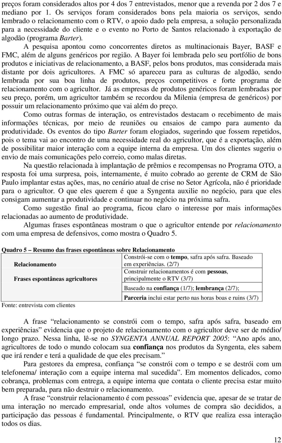 Porto de Santos relacionado à exportação de algodão (programa Barter). A pesquisa apontou como concorrentes diretos as multinacionais Bayer, BASF e FMC, além de alguns genéricos por região.