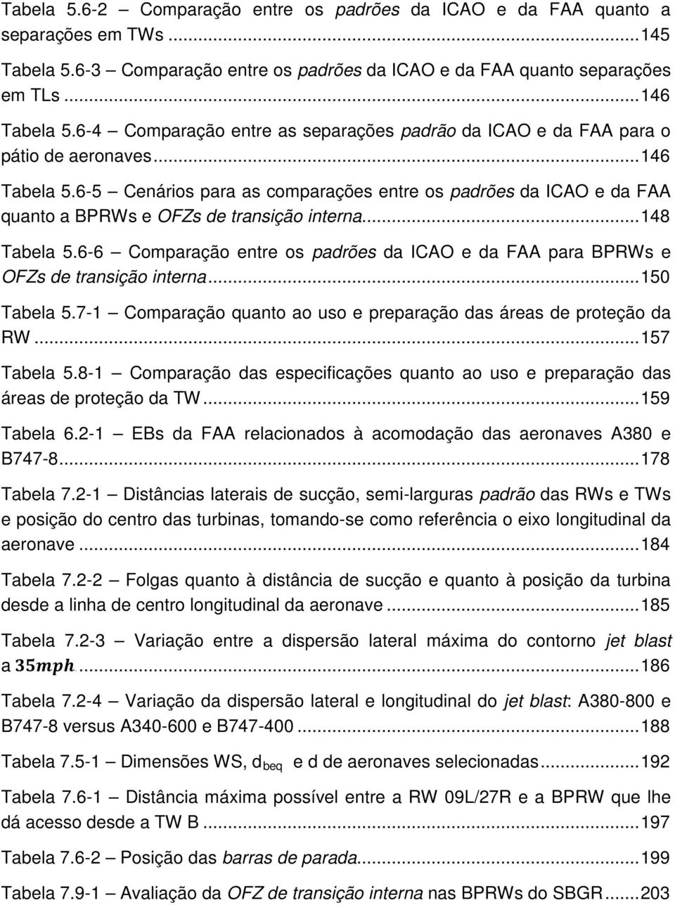 6-5 Cenários para as comparações entre os padrões da ICAO e da FAA quanto a BPRWs e OFZs de transição interna... 148 Tabela 5.