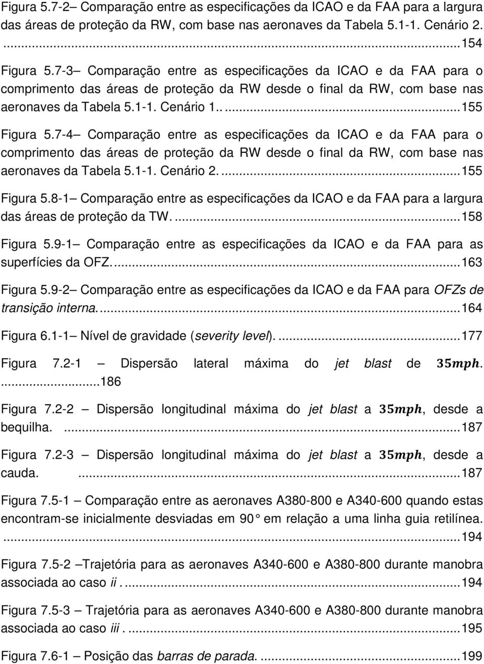 7-4 Comparação entre as especificações da ICAO e da FAA para o comprimento das áreas de proteção da RW desde o final da RW, com base nas aeronaves da Tabela 5.1-1. Cenário 2.... 155 Figura 5.