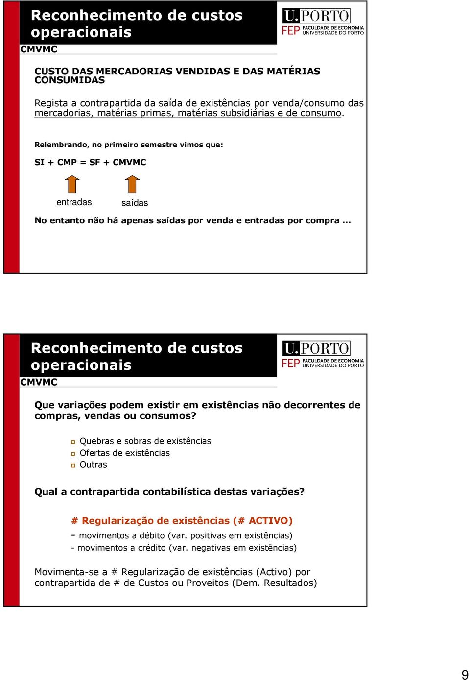 Relembrando, no primeiro semestre vimos que: SI + CMP = SF + CMVMC entradas saídas No entanto não há apenas saídas por venda e entradas por compra Reconhecimento de custos CMVMC Que variações podem