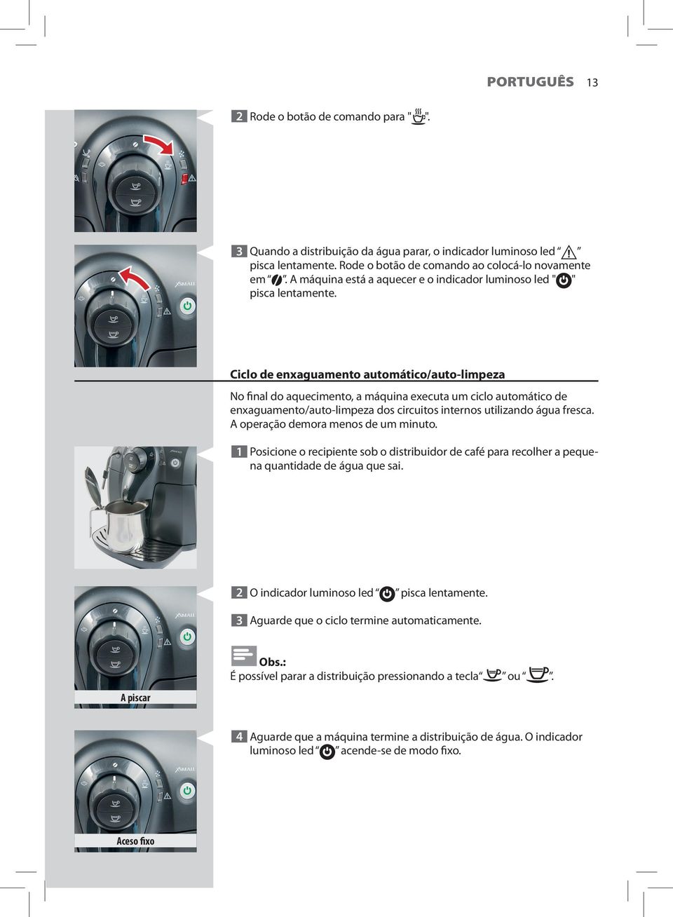 Ciclo de enxaguamento automático/auto-limpeza No final do aquecimento, a máquina executa um ciclo automático de enxaguamento/auto-limpeza dos circuitos internos utilizando água fresca.