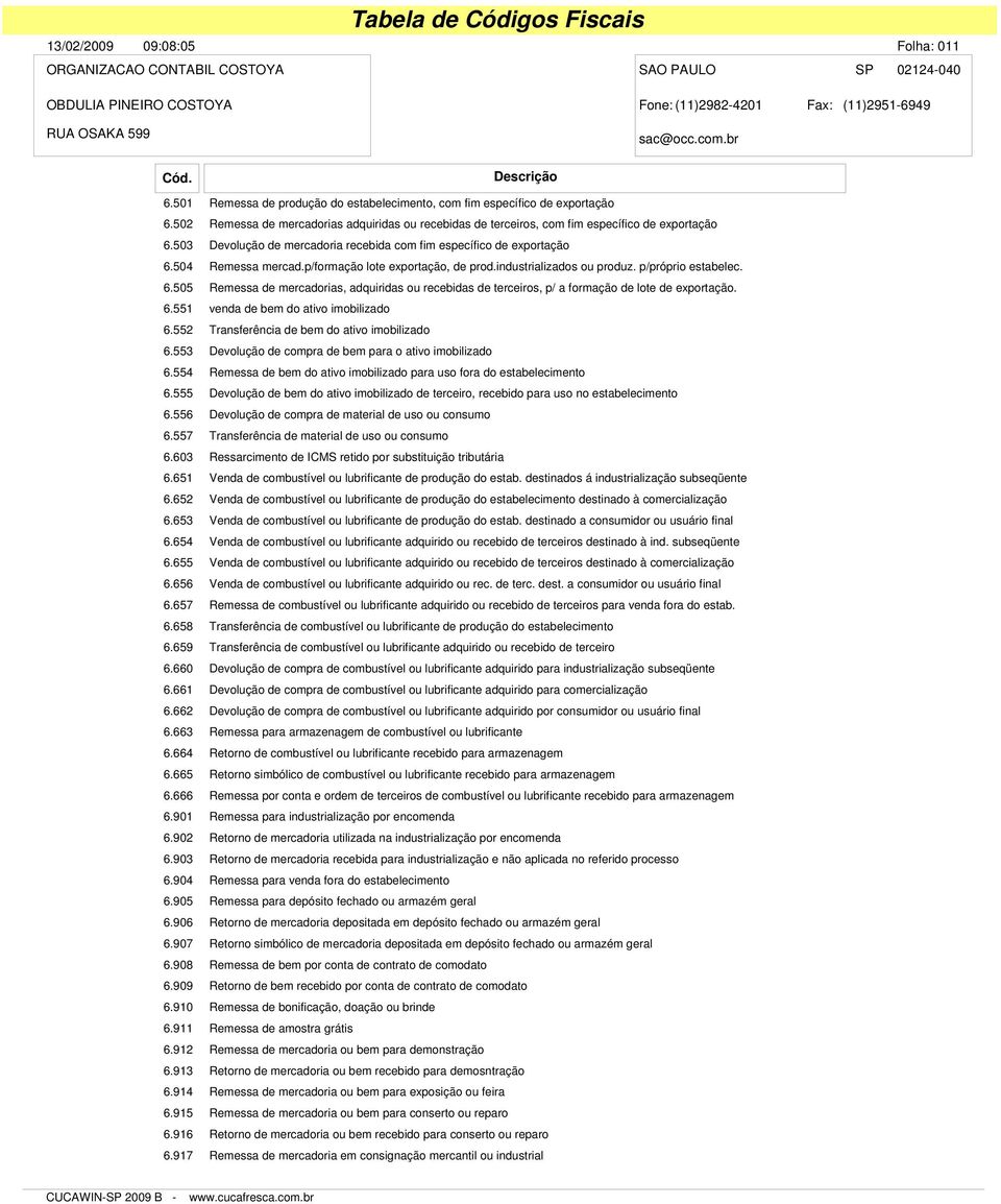 p/formação lote exportação, de prod.industrializados ou produz. p/próprio estabelec. 6.505 Remessa de mercadorias, adquiridas ou recebidas de terceiros, p/ a formação de lote de exportação. 6.551 venda de bem do ativo imobilizado 6.