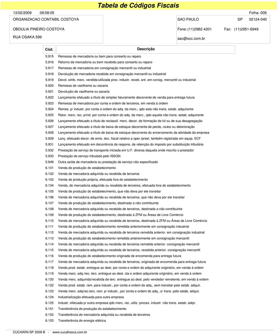 em consig. mercantil ou industrial 5.920 Remessa de vasilhame ou sacaria 5.921 Devolução de vasilhame ou sacaria 5.