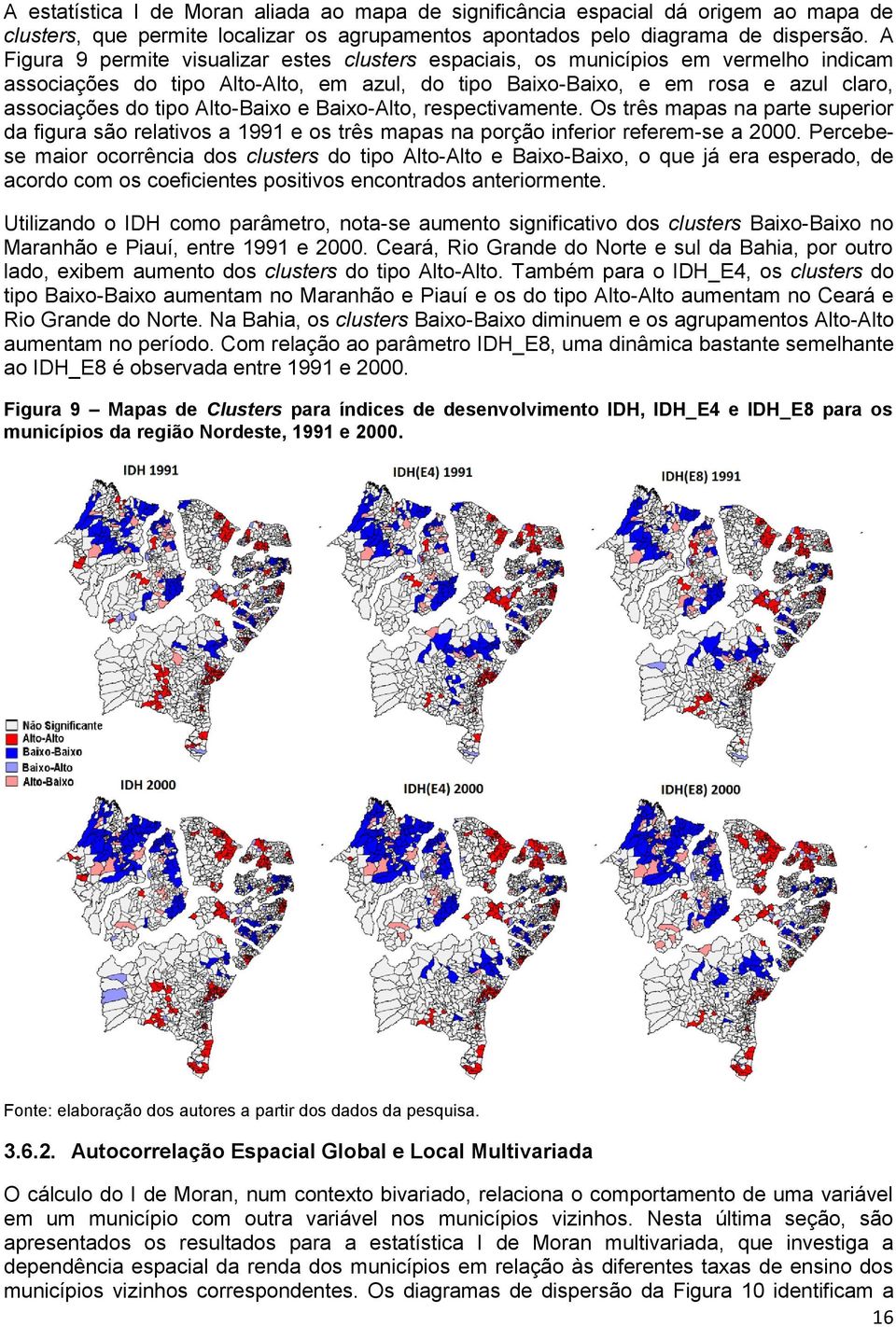 Alto-Baixo e Baixo-Alto, respectivamente. Os três mapas na parte superior da figura são relativos a 1991 e os três mapas na porção inferior referem-se a 2000.