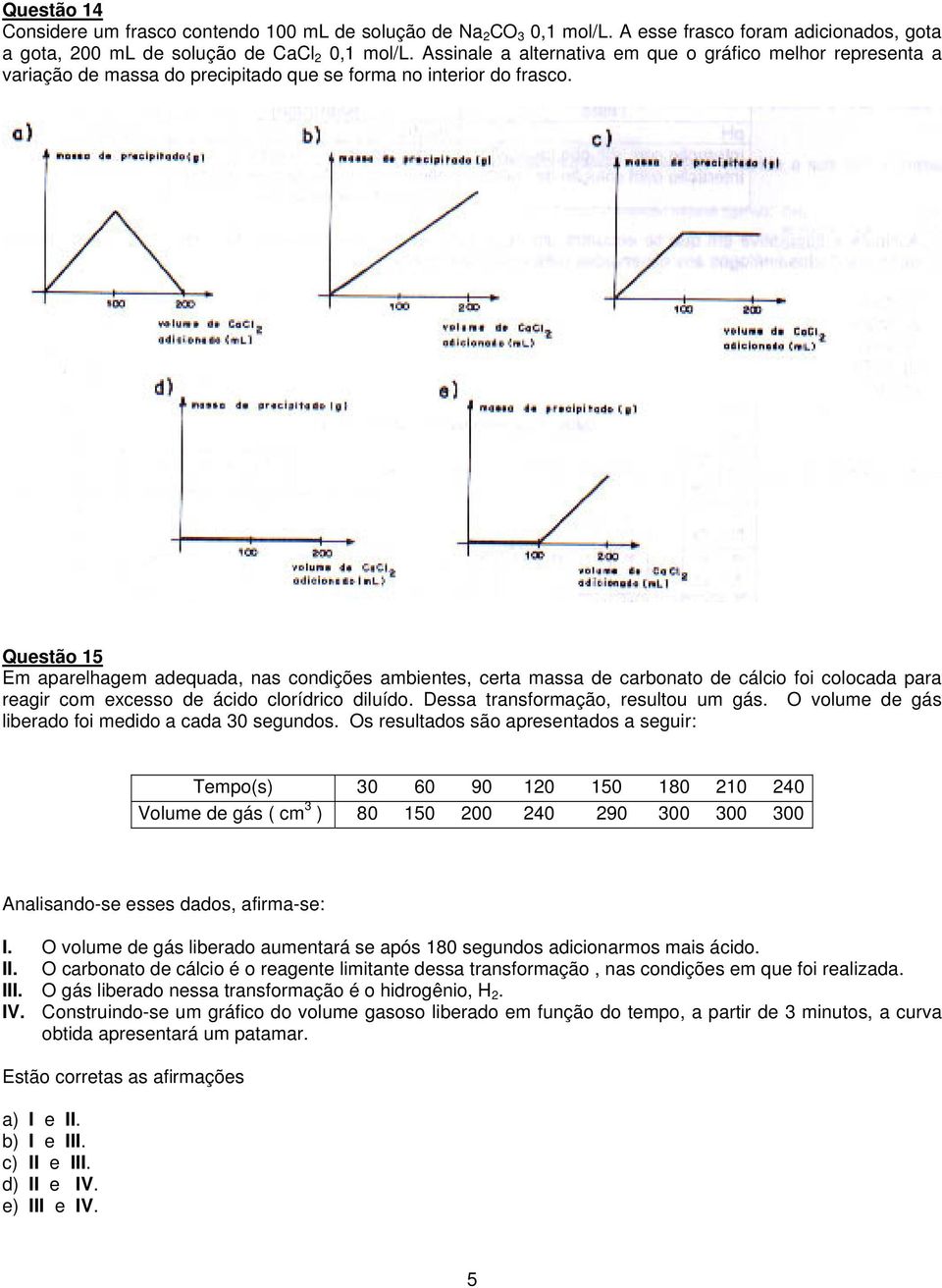 Questão 15 Em aparelhagem adequada, nas condições ambientes, certa massa de carbonato de cálcio foi colocada para reagir com excesso de ácido clorídrico diluído. Dessa transformação, resultou um gás.