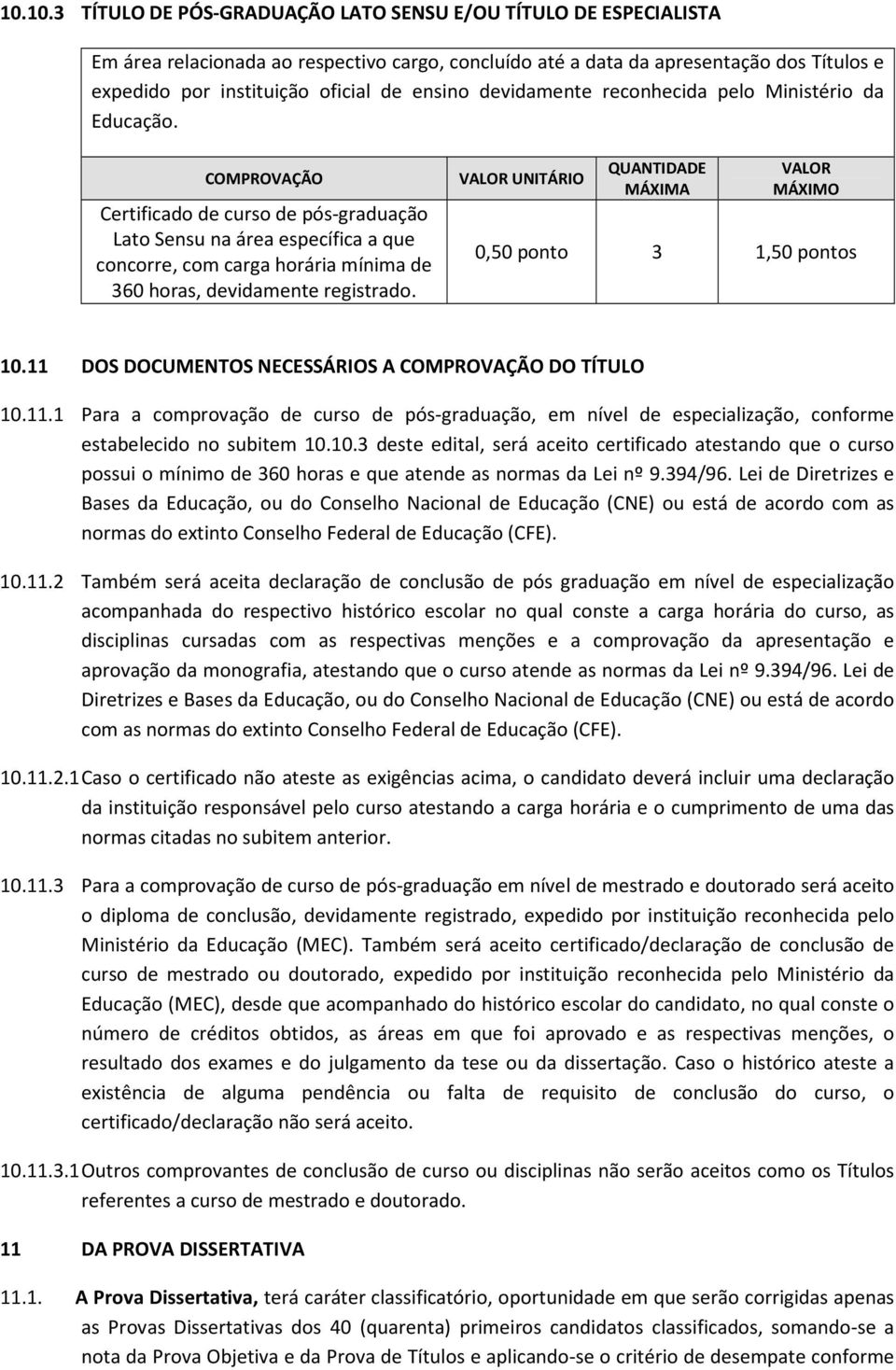 COMPROVAÇÃO Certificado de curso de pós-graduação Lato Sensu na área específica a que concorre, com carga horária mínima de 360 horas, devidamente registrado.