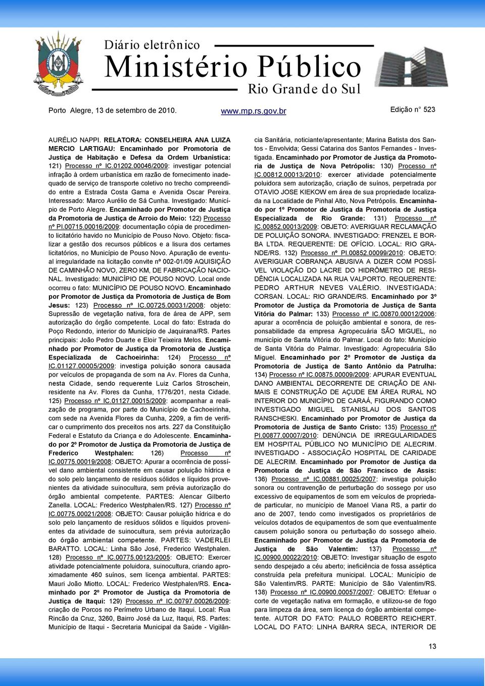 Pereira. Interessado: Marco Aurélio de Sá Cunha. Investigado: Município de Porto Alegre. Encaminhado por Promotor de Justiça da Promotoria de Justiça de Arroio do Meio: 122) Processo nº PI.00715.