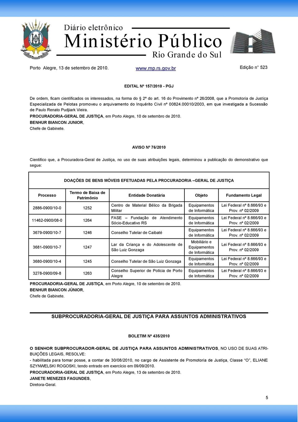 00010/2003, em que investigada a Sucessão de Paulo Renato Pudjiark Vieira. PROCURADORIA-GERAL DE JUSTIÇA, em Porto Alegre, 10 de setembro de 2010. BENHUR BIANCON JUNIOR, Chefe de Gabinete.