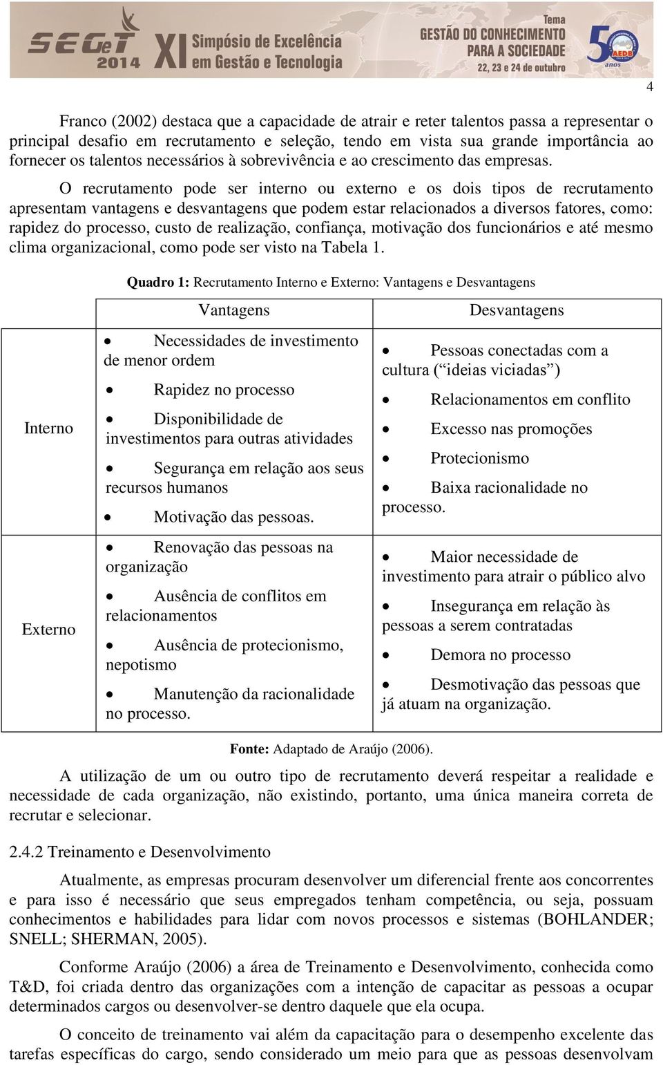 O recrutamento pode ser interno ou externo e os dois tipos de recrutamento apresentam vantagens e desvantagens que podem estar relacionados a diversos fatores, como: rapidez do processo, custo de