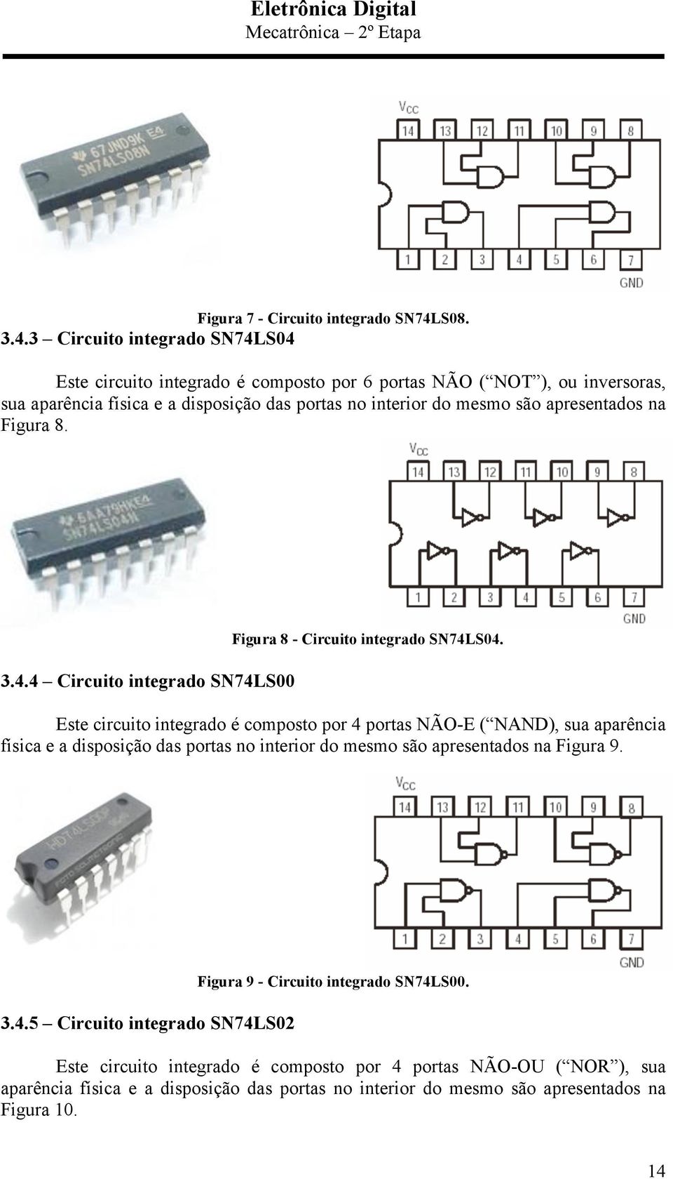 3 Circuito integrado SN74LS04 Este circuito integrado é composto por 6 portas NÃO ( NOT ), ou inversoras, sua aparência física e a disposição das portas no interior do mesmo são