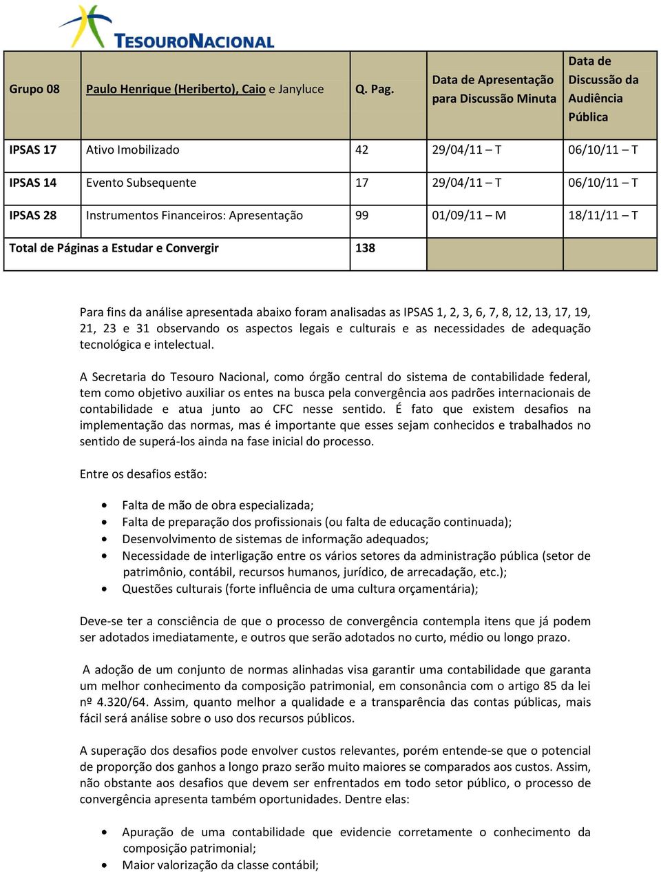 Instrumentos Financeiros: Apresentação 99 01/09/11 M 18/11/11 T Total de Páginas a Estudar e Convergir 138 Para fins da análise apresentada abaixo foram analisadas as IPSAS 1, 2, 3, 6, 7, 8, 12, 13,