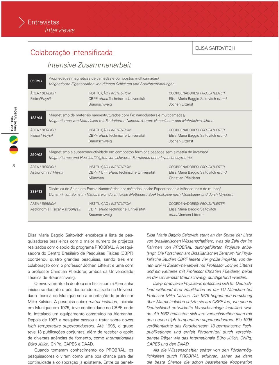 Área / Bereich Física/Physik Instituição / Institution CBPF e/und Technische Universität Braunschweig Coordenadores/ Projektleiter Elisa Maria Baggio Saitovitch e/und Jochen Litterst 183/04