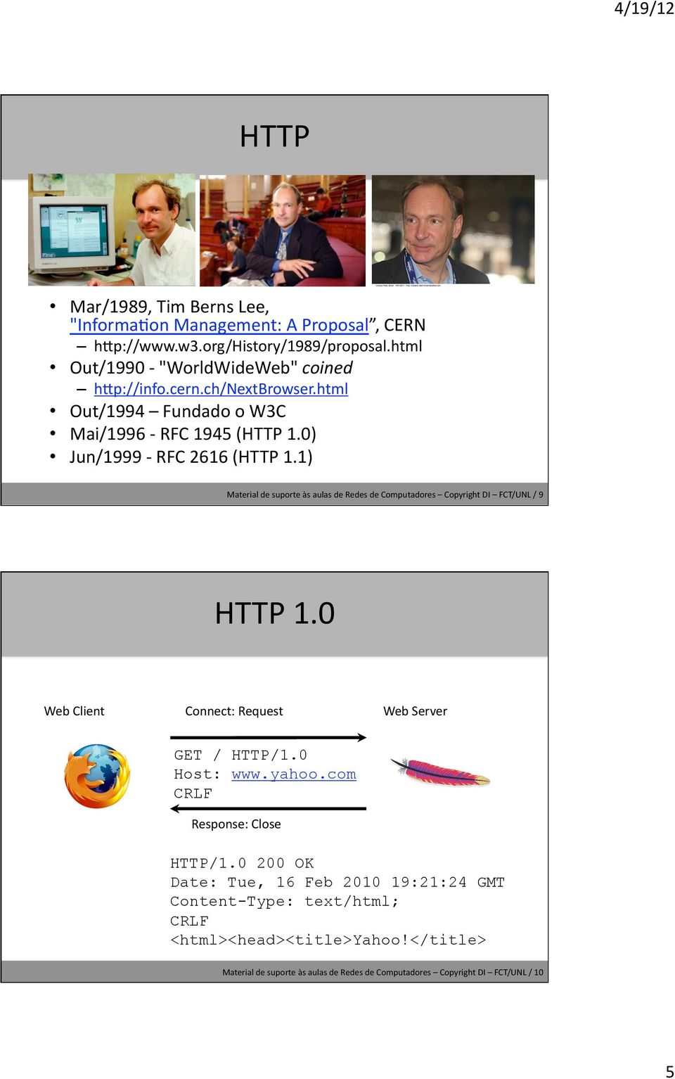 1) Material de suporte às aulas de Redes de Computadores Copyright DI FCT/UNL / 9 HTTP 1.0 Web Client Connect: Request Web Server GET / HTTP/1.0 Host: www.yahoo.