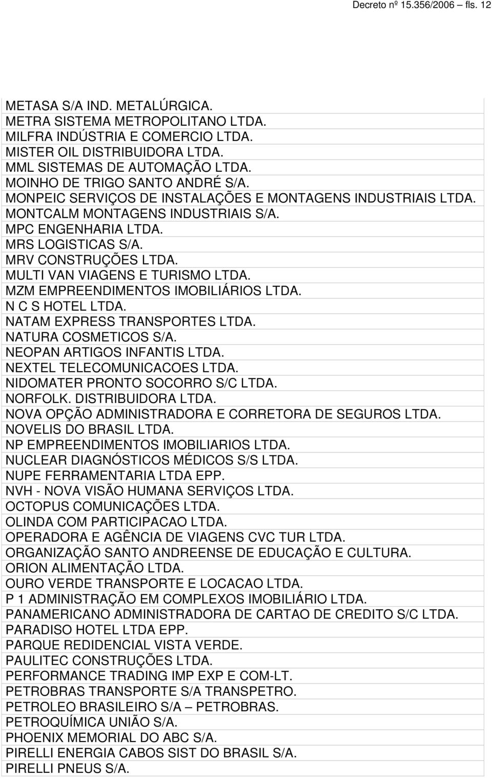 MULTI VAN VIAGENS E TURISMO LTDA. MZM EMPREENDIMENTOS IMOBILIÁRIOS LTDA. N C S HOTEL LTDA. NATAM EXPRESS TRANSPORTES LTDA. NATURA COSMETICOS S/A. NEOPAN ARTIGOS INFANTIS LTDA.