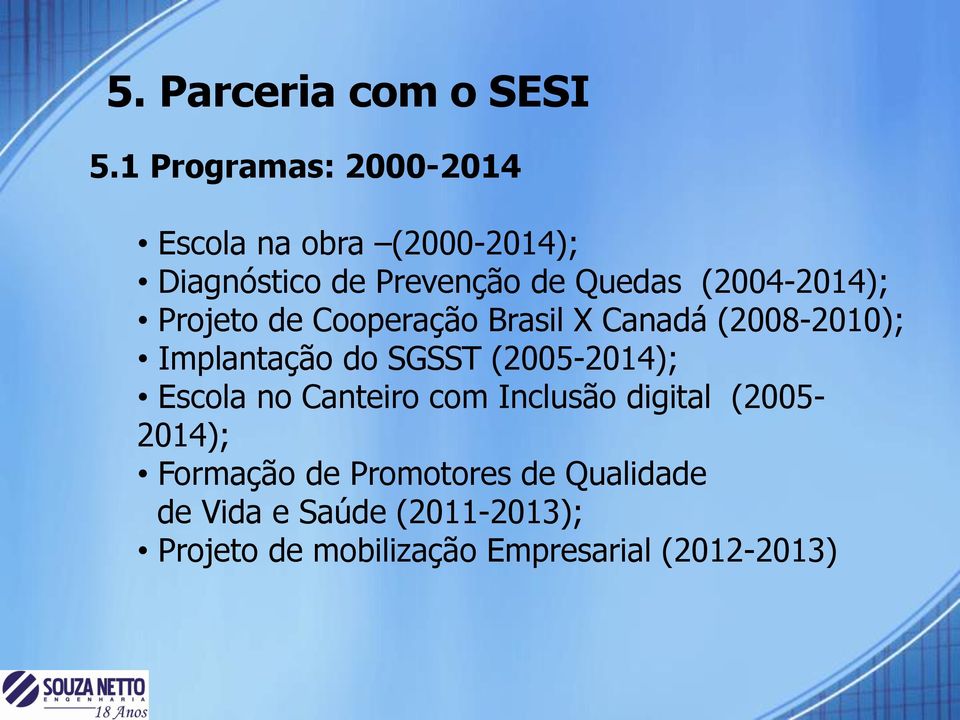 (2004-2014); Projeto de Cooperação Brasil X Canadá (2008-2010); Implantação do SGSST