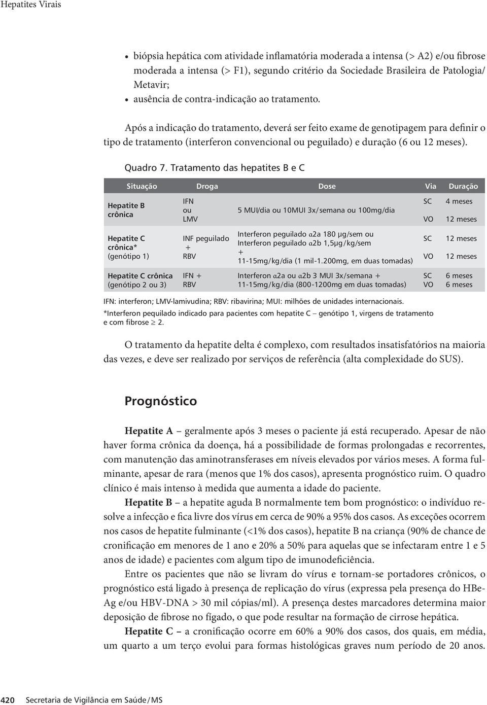 Após a indicação do tratamento, deverá ser feito exame de genotipagem para definir o tipo de tratamento (interferon convencional ou peguilado) e duração (6 ou 12 meses). Quadro 7.