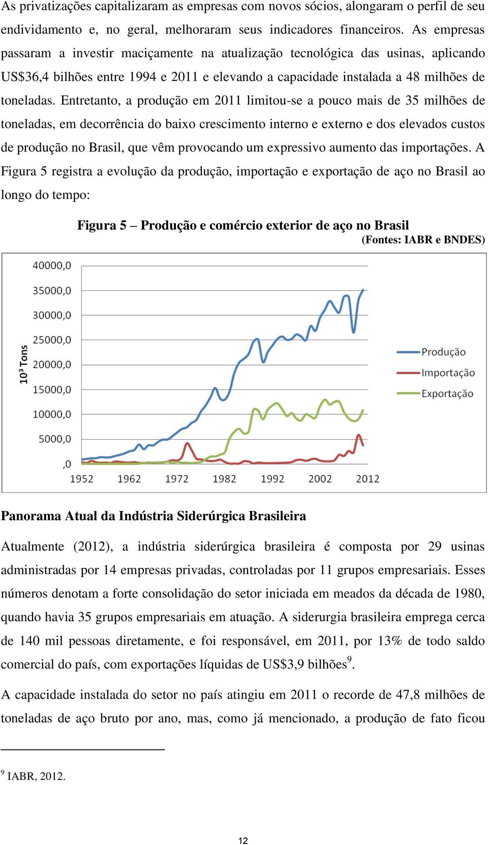 Entretanto, a produção em 2011 limitou-se a pouco mais de 35 milhões de toneladas, em decorrência do baixo crescimento interno e externo e dos elevados custos de produção no Brasil, que vêm