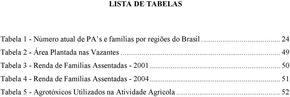 .. 49 Tabela 3 - Renda de Famílias Assentadas - 2001.