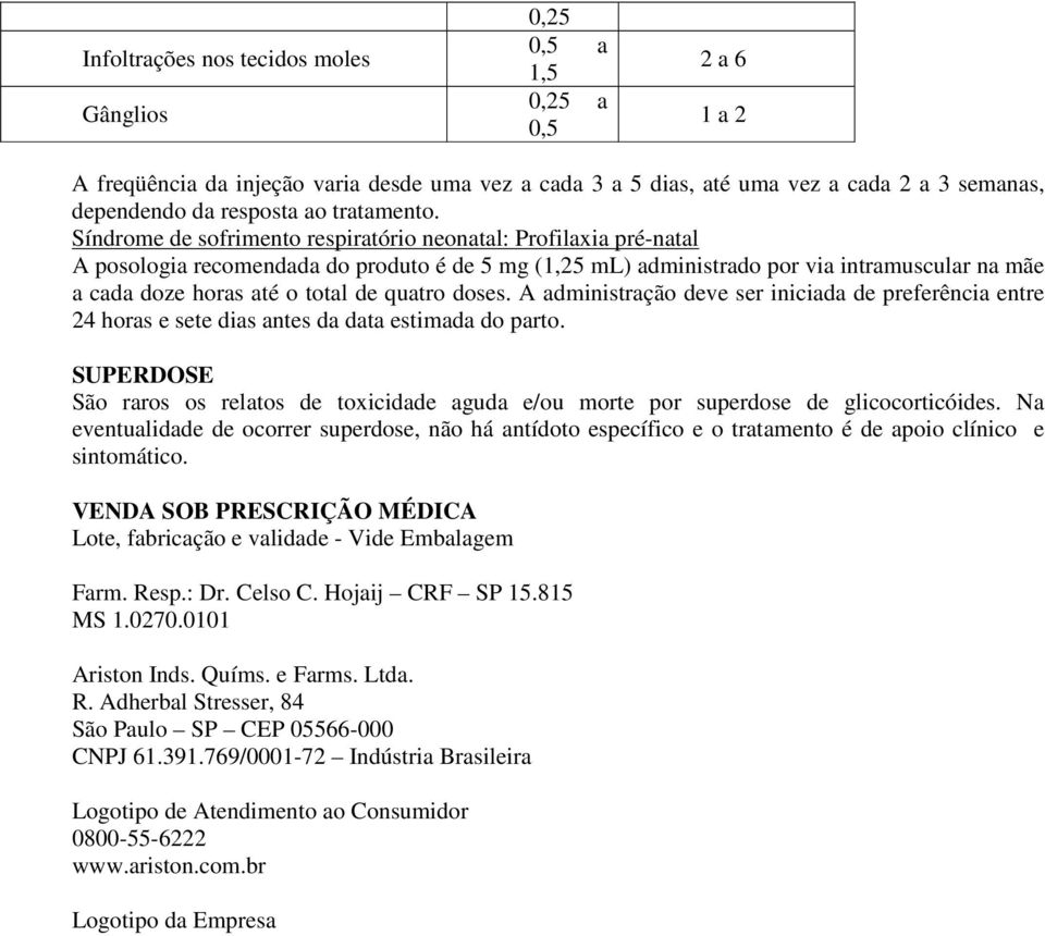 Síndrome de sofrimento respiratório neonatal: Profilaxia pré-natal A posologia recomendada do produto é de 5 mg (1,25 ml) administrado por via intramuscular na mãe a cada doze até o total de quatro