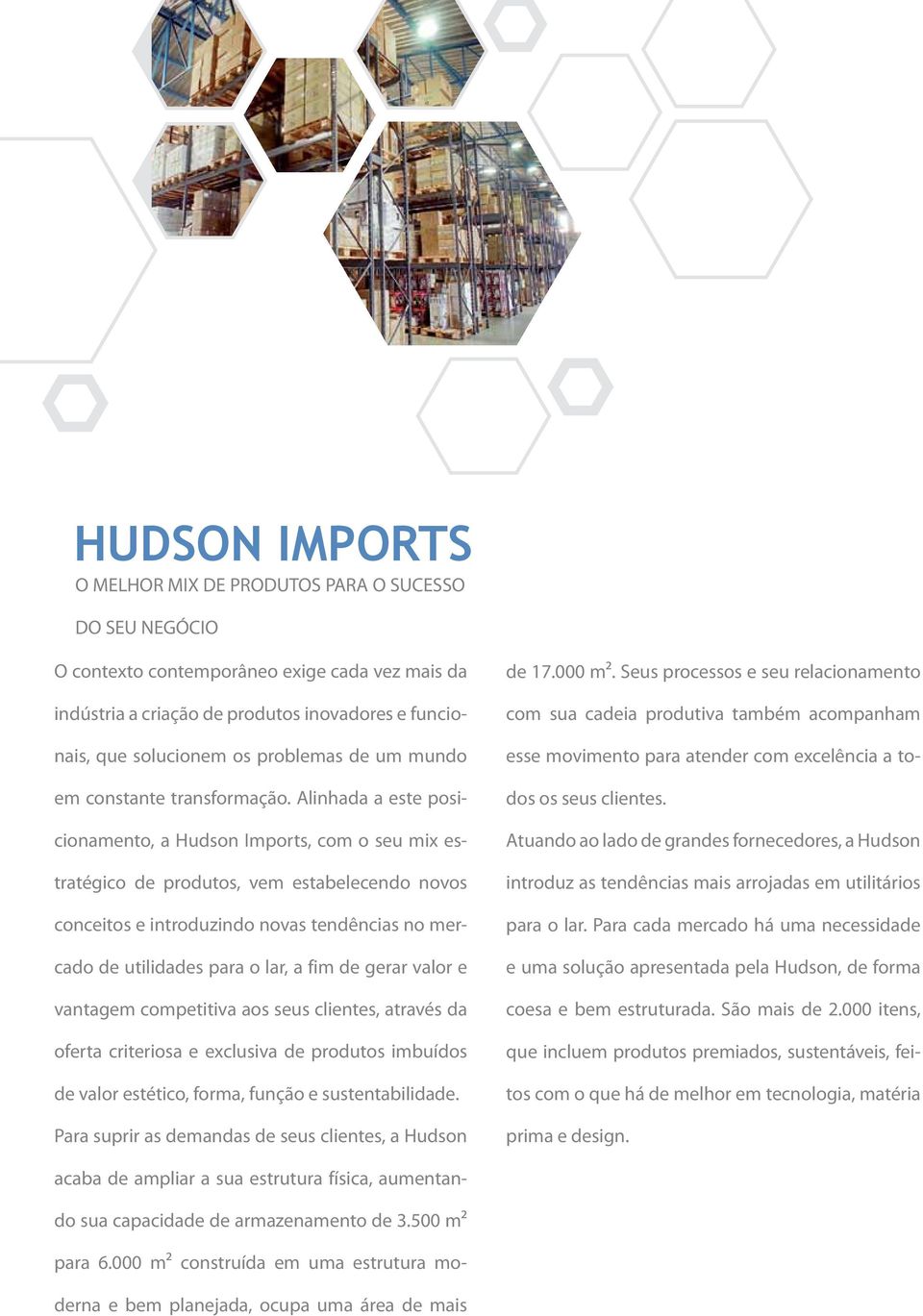 Alinhada a este posicionamento, a Hudson Imports, com o seu mix estratégico de produtos, vem estabelecendo novos conceitos e introduzindo novas tendências no mercado de utilidades para o lar, a fim