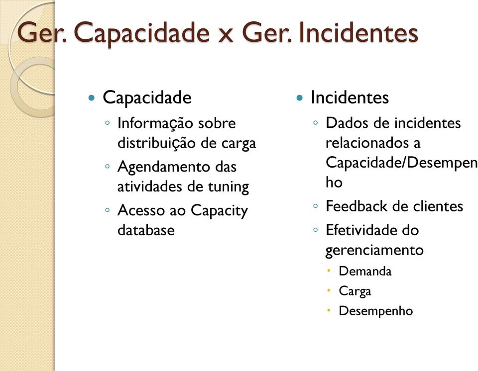 das atividades de tuning Acesso ao Capacity database Incidentes Dados de