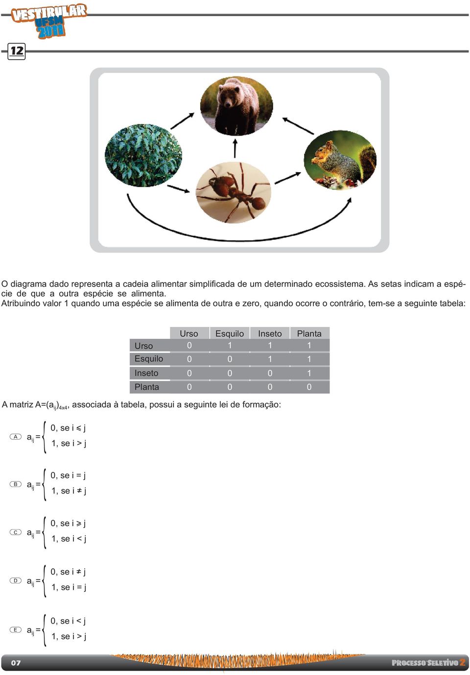 Planta Urso 0 0 0 0 squilo 1 0 0 0 Inseto 1 1 0 0 Planta 1 1 1 0 matriz =(a ) ij 4x4, associada à tabela, possui a seguinte lei de formação: a = ij 0,