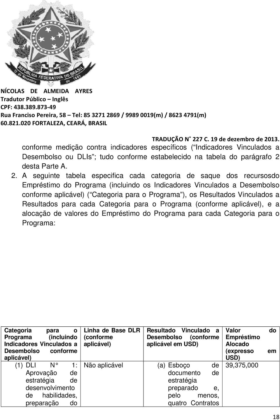 A seguinte tabela especifica cada categoria de saque dos recursosdo Empréstimo do Programa (incluindo os Indicadores Vinculados a Desembolso conforme aplicável) ( Categoria para o Programa ), os