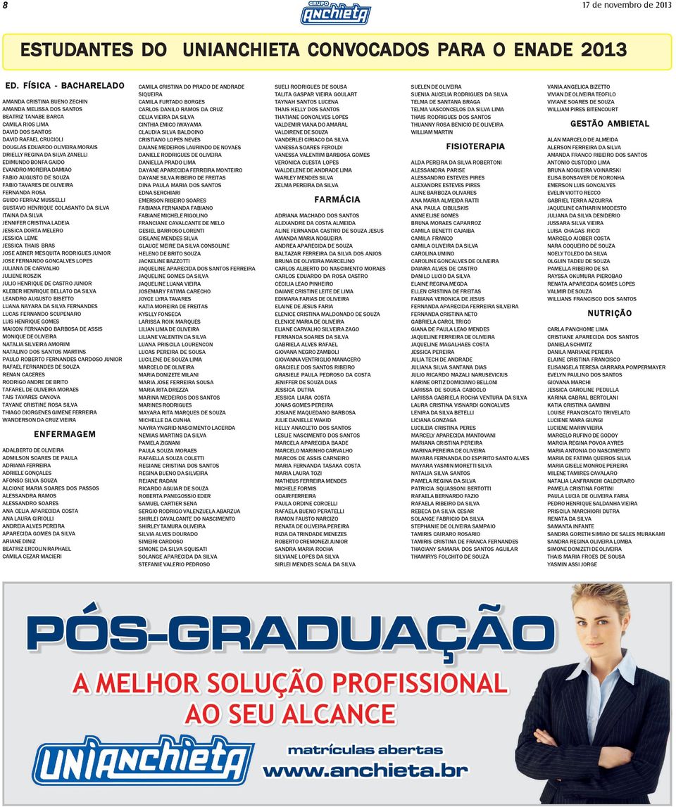 DA SILVA ZANELLI EDIMUNDO BONFA GAIDO EVANDRO MOREIRA DAMIAO FABIO AUGUSTO DE SOUZA FABIO TAVARES DE OLIVEIRA FERNANDA ROSA GUIDO FERRAZ MUSSELLI GUSTAVO HENRIQUE COLASANTO DA SILVA ITAINA DA SILVA