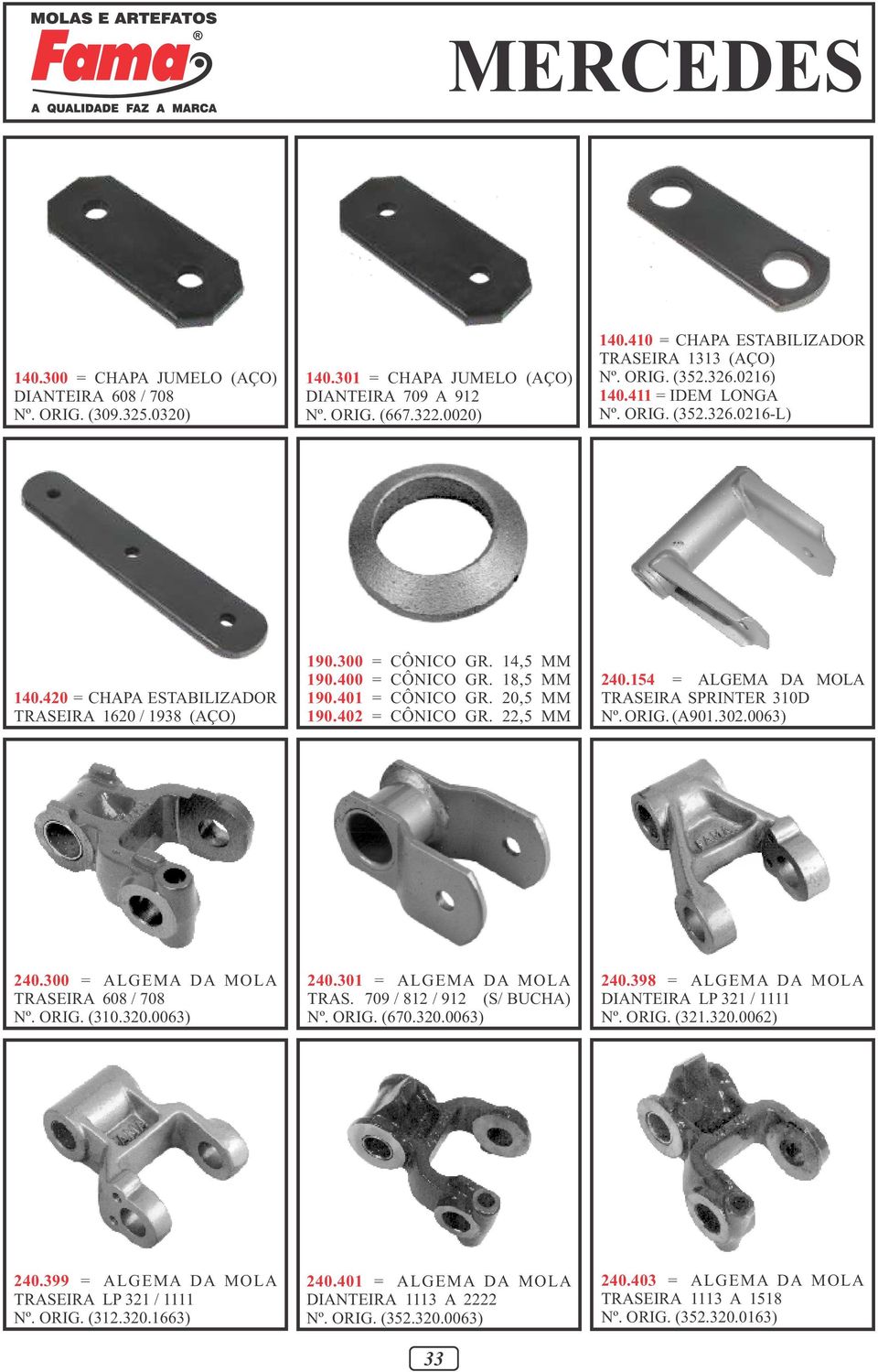 14,5 MM 190.400 = CÔNICO GR. 18,5 MM 190.401 = CÔNICO GR. 20,5 MM 190.402 = CÔNICO GR. 22,5 MM 240.154 = ALGEMA DA MOLA TRASEIRA SPRINTER 310D Nº. ORIG. (A901.302.0063) 240.