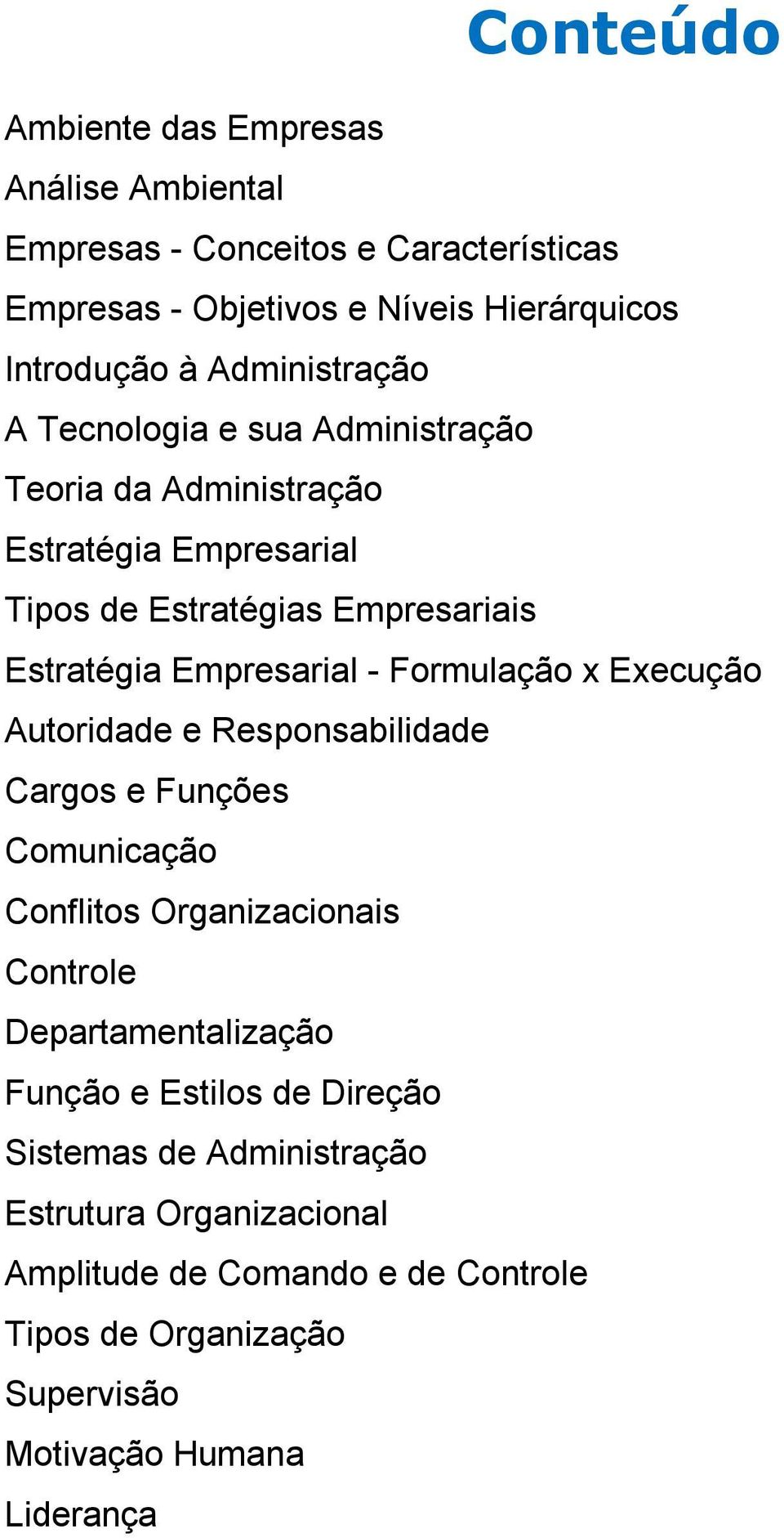 - Formulação x Execução Autoridade e Responsabilidade Cargos e Funções Comunicação Conflitos Organizacionais Controle Departamentalização Função e