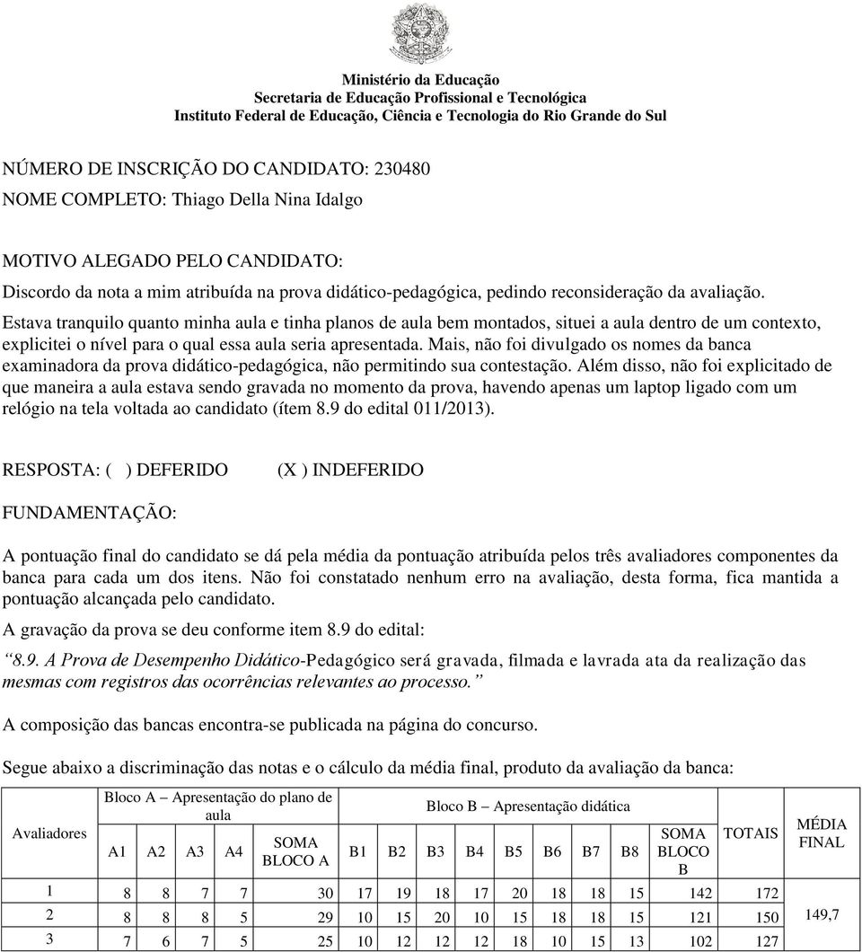 Mais, não foi divulgado os nomes da banca examinadora da prova didático-pedagógica, não permitindo sua contestação.