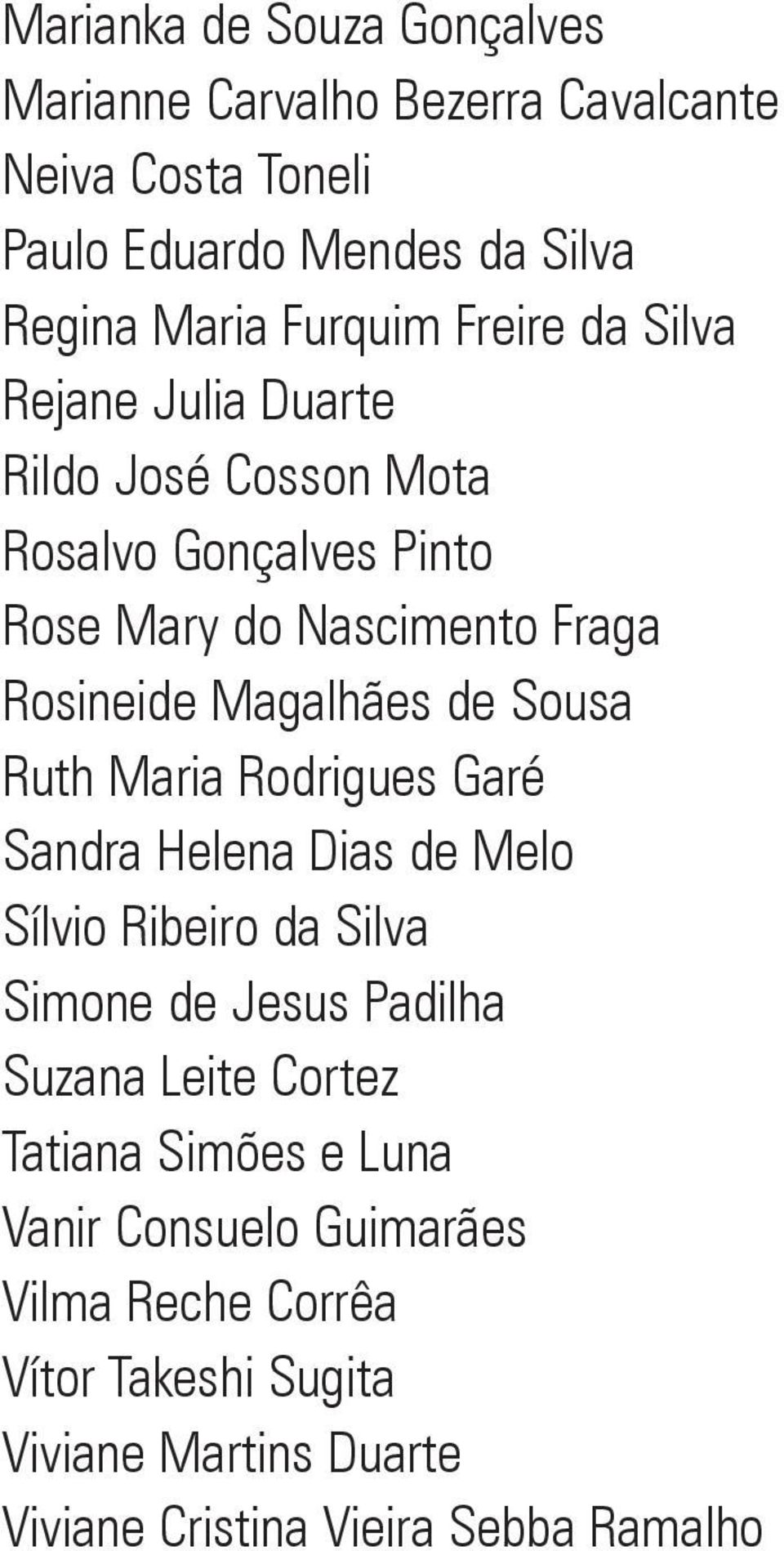 Rodrigues Garé Sandra Helena Dias de Melo Sílvio Ribeiro da Silva Simone de Jesus Padilha Suzana Leite Cortez Tatiana Simões e Luna Vanir