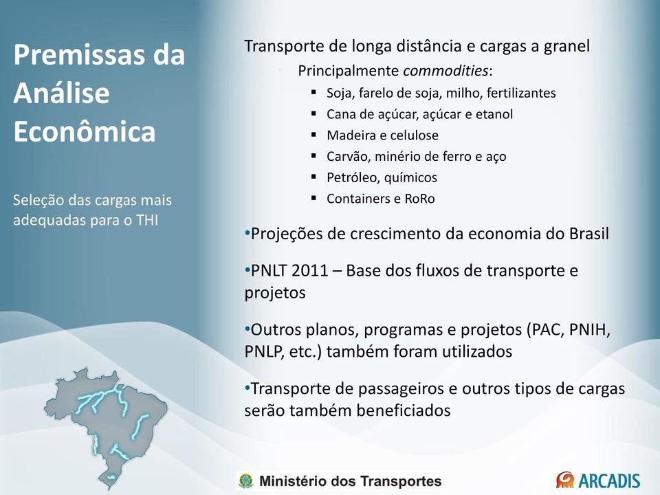 Petróleo, químicos Containers e RoRo Projeções de crescimento da economia do Brasil PNLT 2011 Base dos fluxos de transporte e projetos Outros
