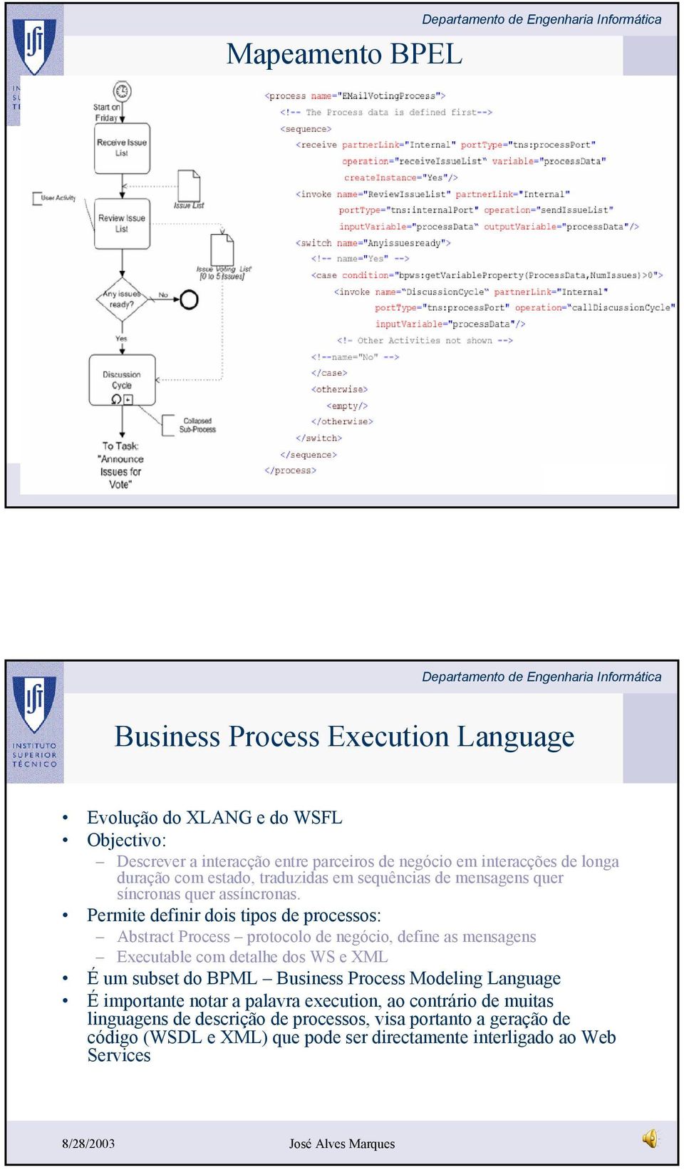 Permite definir dois tipos de processos: Abstract Process protocolo de negócio, define as mensagens Executable com detalhe dos WS e XML É um subset do BPML