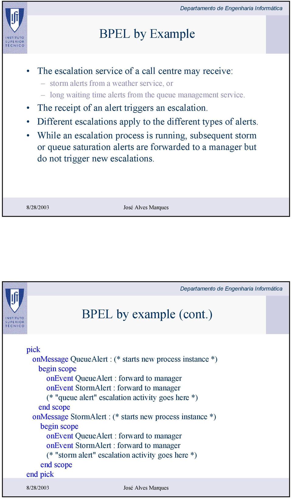 While an escalation process is running, subsequent storm or queue saturation alerts are forwarded to a manager but do not trigger new escalations. BPEL by example (cont.