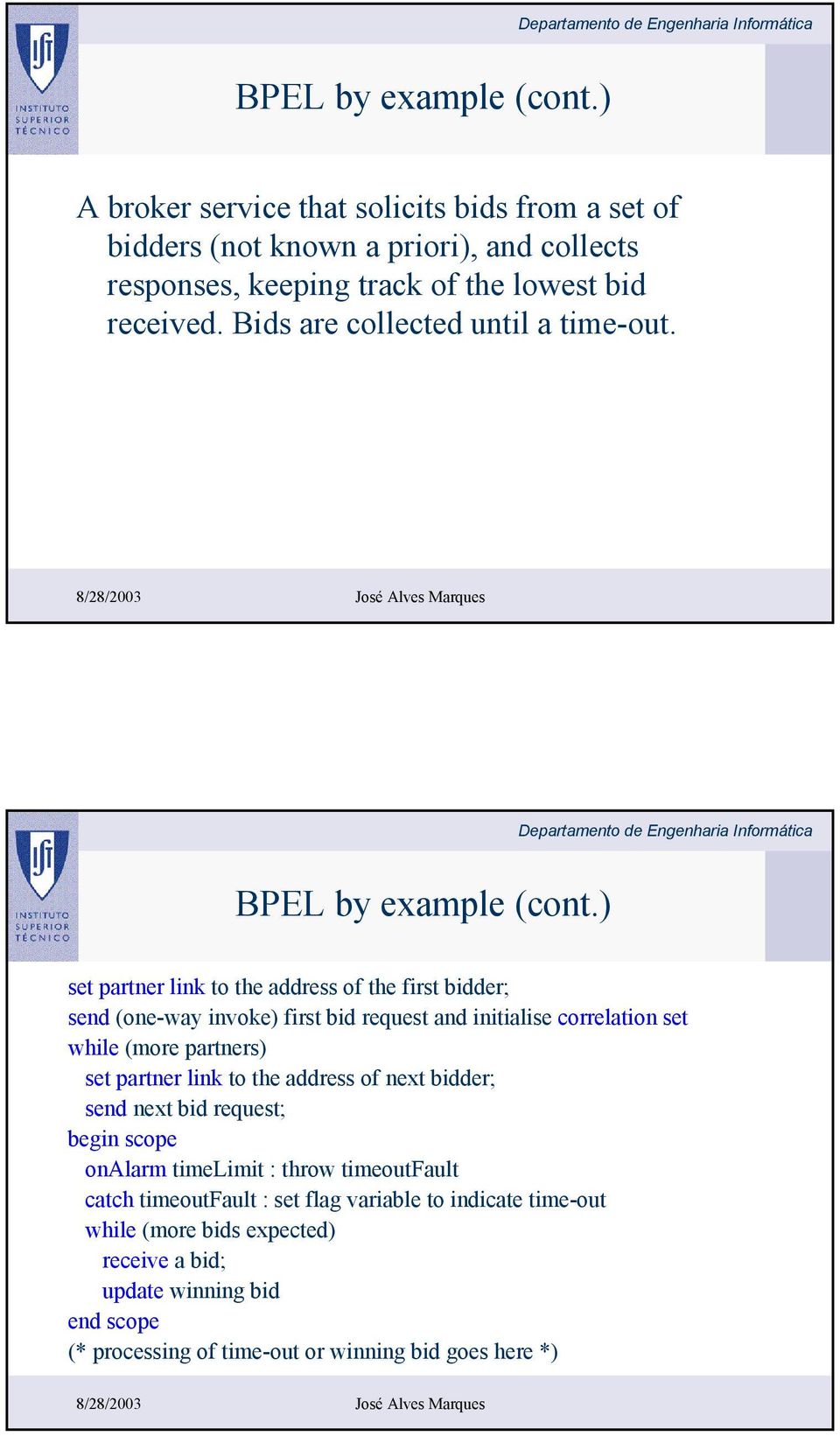 ) set partner link to the address of the first bidder; send (one-way invoke) first bid request and initialise correlation set while (more partners) set partner link to