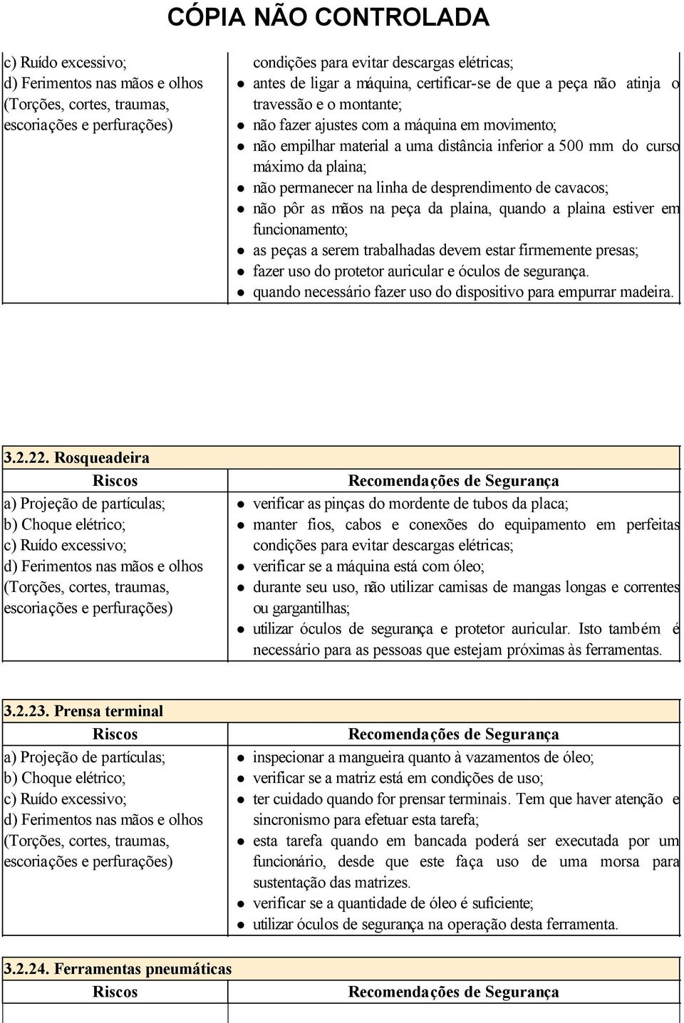 firmemente presas; fazer uso do protetor auricular e óculos de segurança. quando necessário fazer uso do dispositivo para empurrar madeira. 3.2.22.